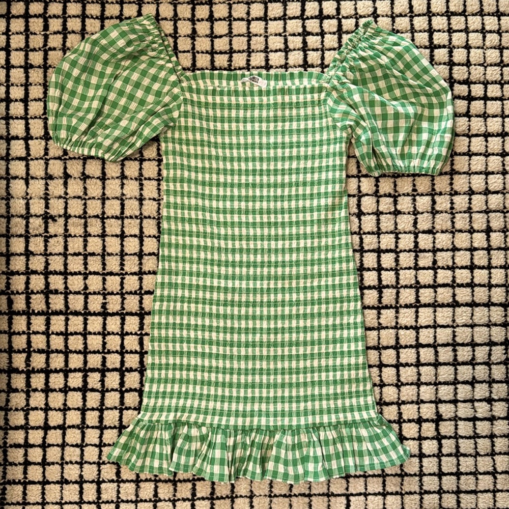 Women Gingham Puffed Sleeve Mini Dress, White/Green
